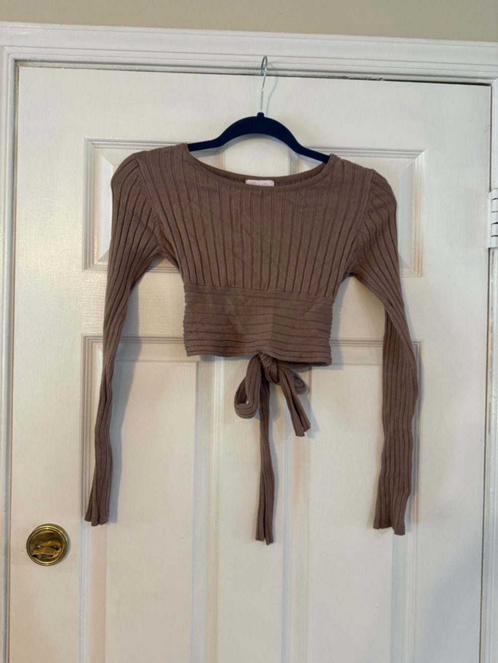 Pink Lily Ribbed Tie-Front Crop Top - Taupe